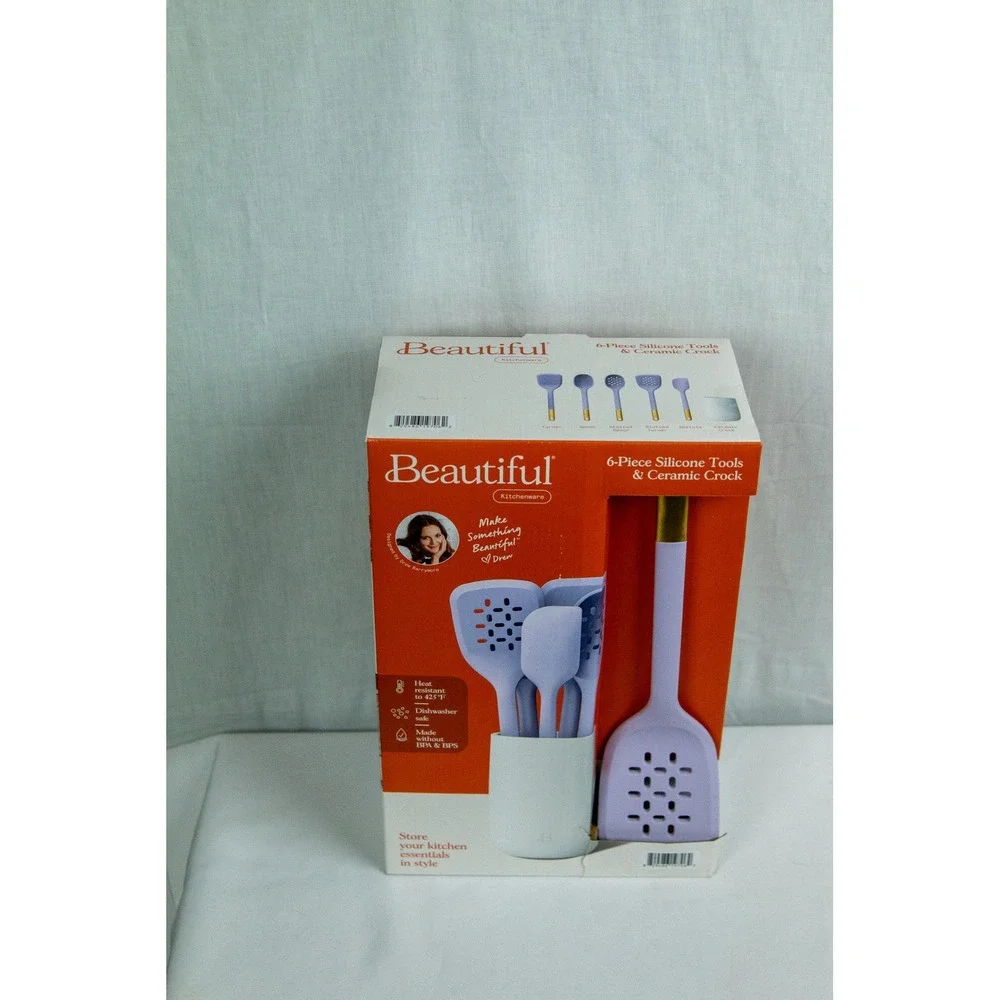 Beautiful by Drew Barrymore 6pc Silicone Kitchen Tool Set Lavender Purple Gold